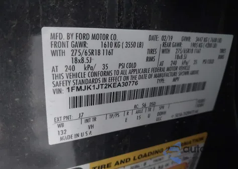 2019 Ford Expedition Max Xlt z USA, uszkodzony, nr VIN 1FMJK1JT2KEA30776